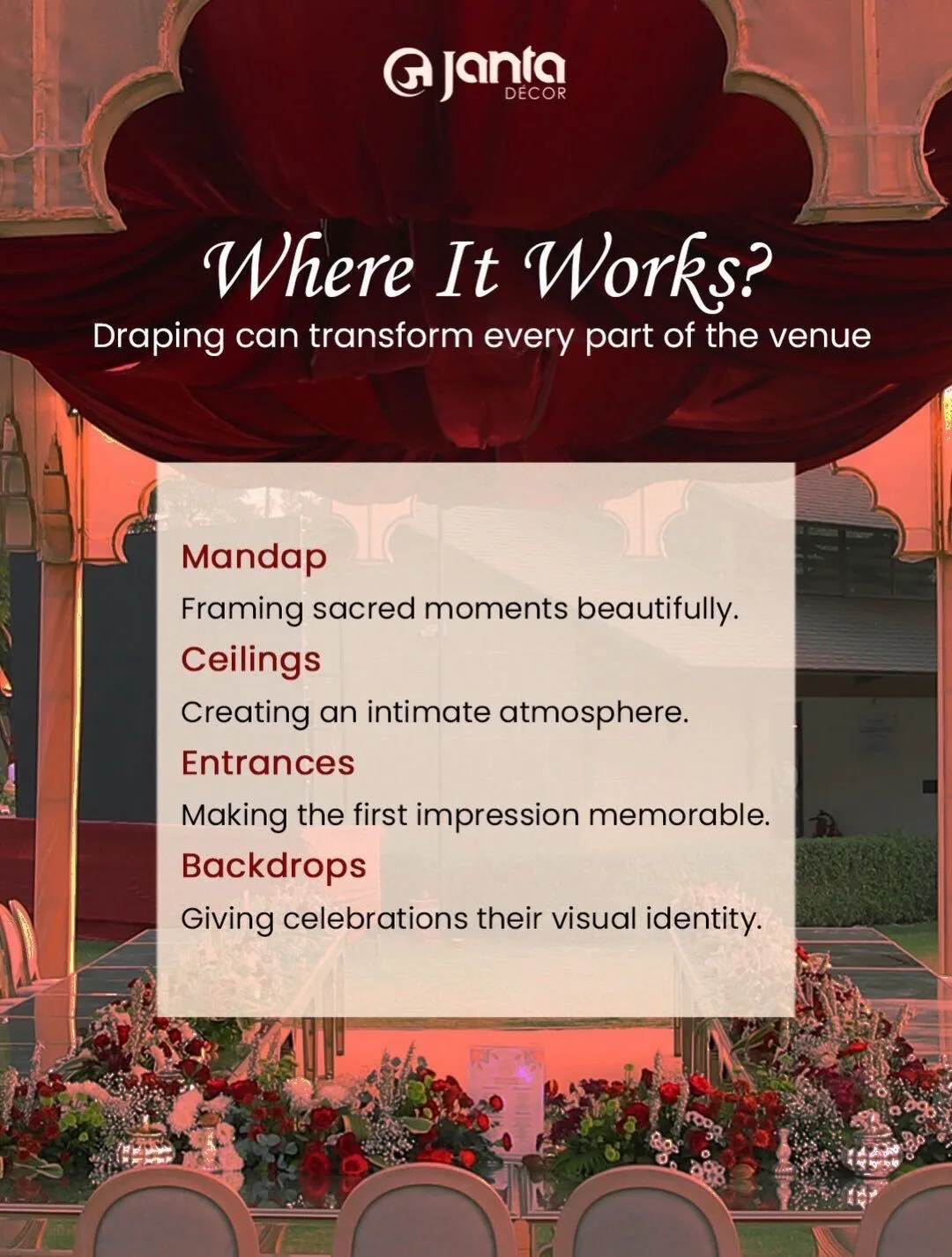 Janta Decor slide explaining draping for mandaps, ceilings, entrances and backdrops